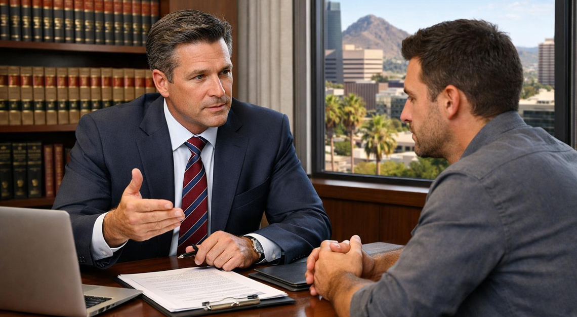 A criminal defense attorney consulting with a client in an office, discussing legal options after an arrest.
