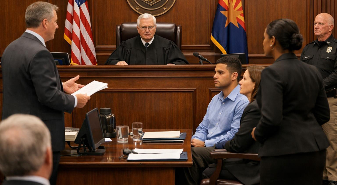 A courtroom scene with a judge, attorneys, and a defendant during a legal hearing.