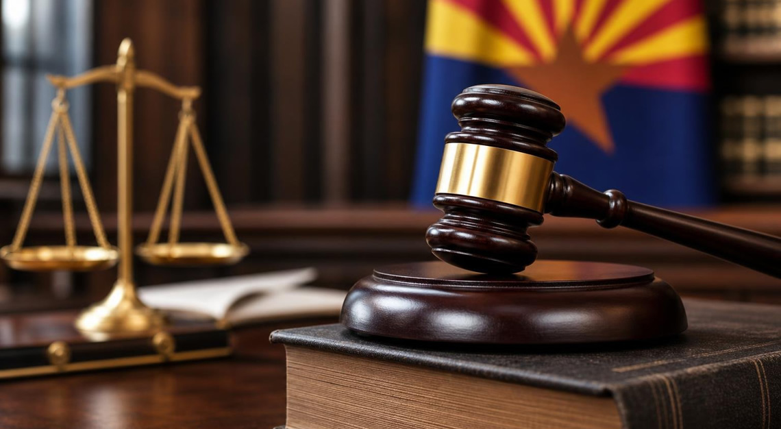 Close-up of a gavel on a legal book with the Arizona state flag in the background in a courtroom setting.
