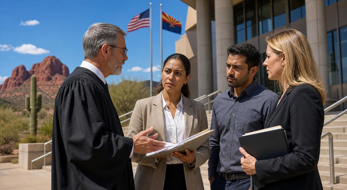 People discussing legal matters on courthouse steps with desert landscape and flags in the background.