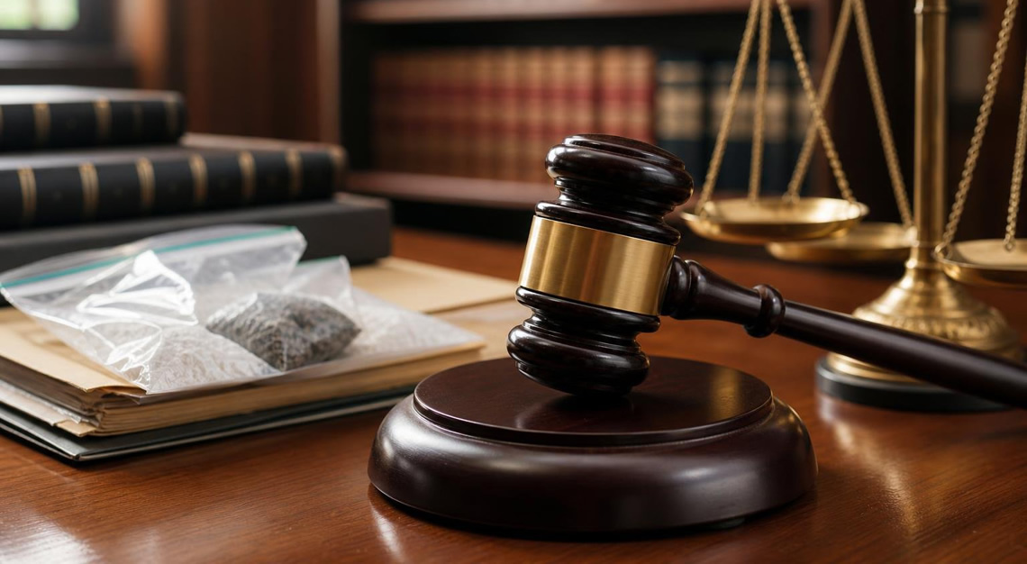 Close-up of a judge's gavel, legal documents, and a scale of justice on a wooden desk in a courtroom setting.