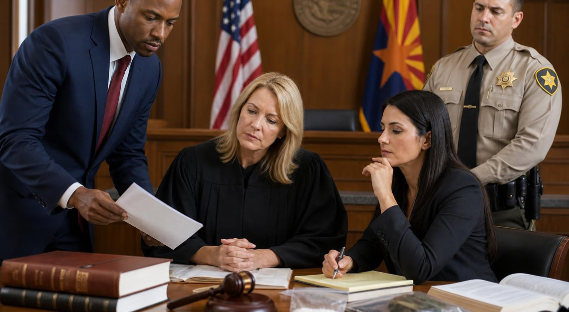 A judge, lawyer, and police officer in a courtroom with legal documents and flags representing the United States and Arizona.