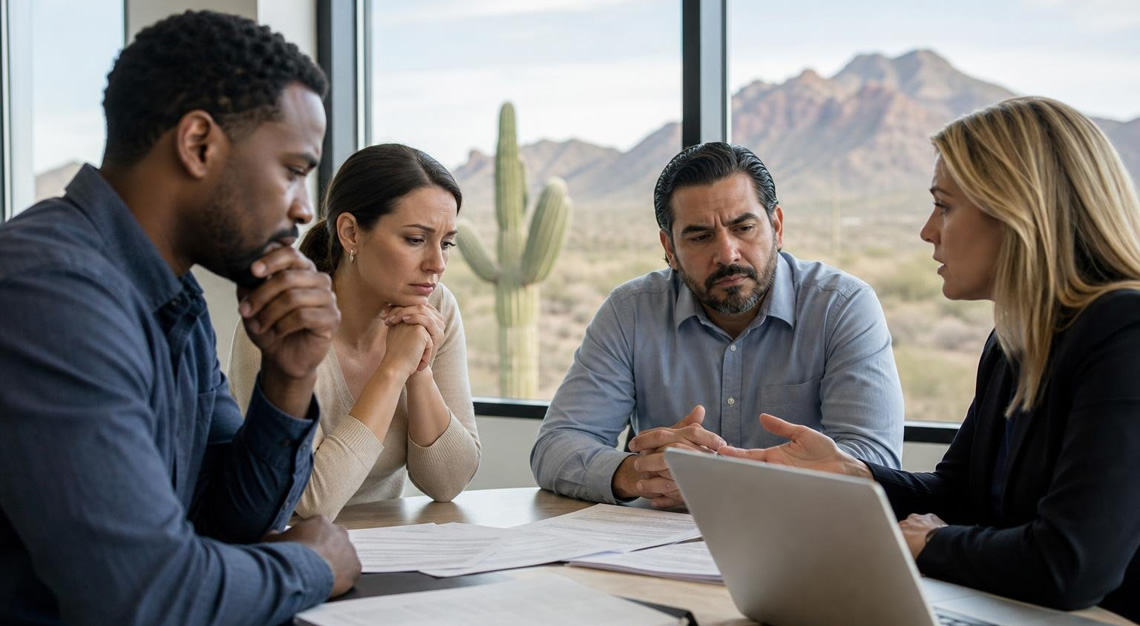 A group of adults having a serious discussion around a table with legal documents in an office with a window showing a desert landscape.