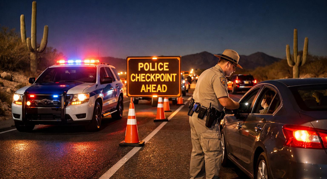 A police officer at a nighttime DUI checkpoint on a highway in Arizona talking to a driver in a car, with desert landscape in the background.