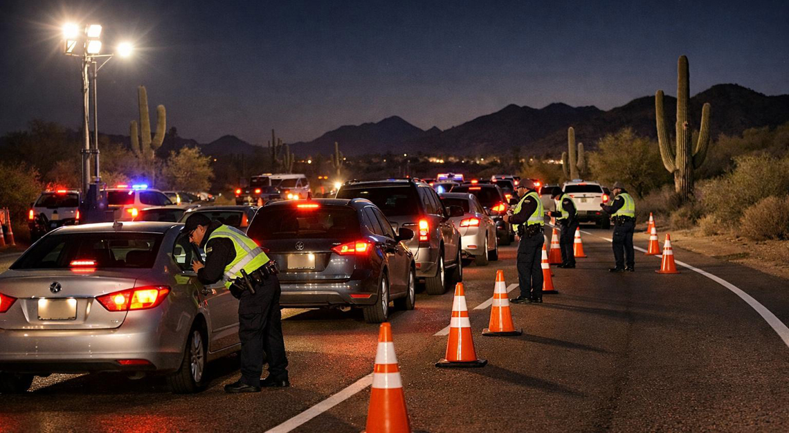 Police officers conducting a DUI checkpoint on a highway at night with traffic cones and desert landscape in the background.