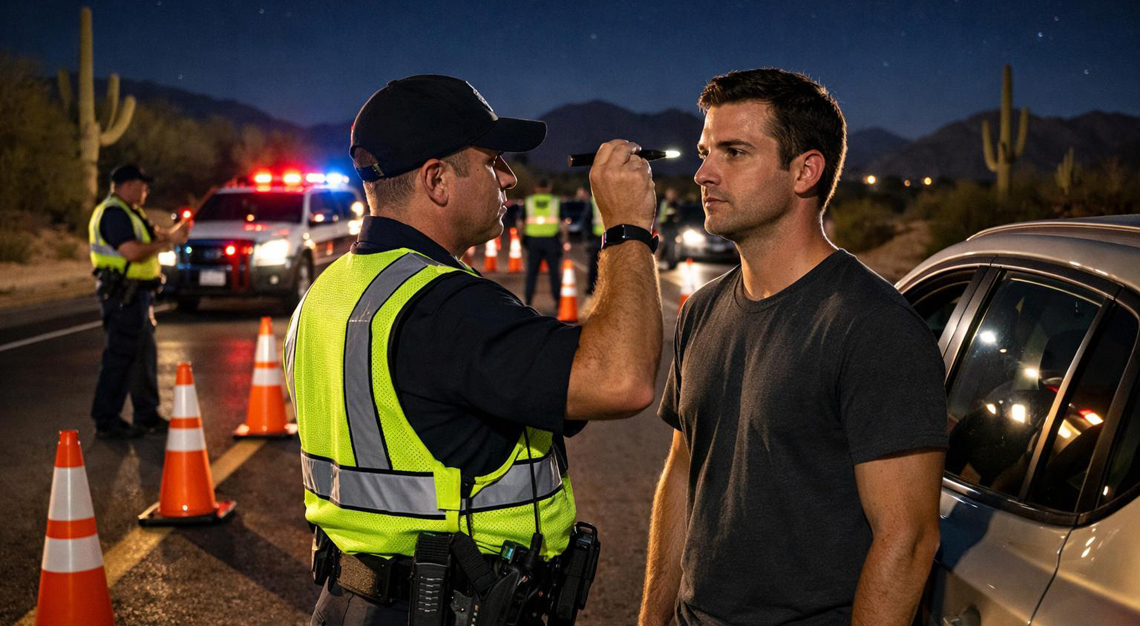 Police officers conducting field sobriety tests on drivers at a nighttime DUI checkpoint on a road in Arizona.