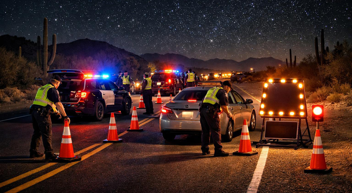 Police officers conducting a DUI checkpoint at night on a desert highway with patrol cars and traffic cones.