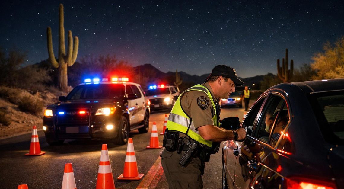 A police officer talks to a driver at a nighttime DUI checkpoint on a desert road with traffic cones and police lights.