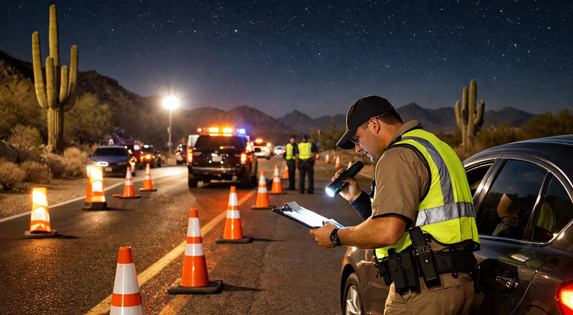 Police officer at a nighttime DUI checkpoint interacting with a driver on a desert road.