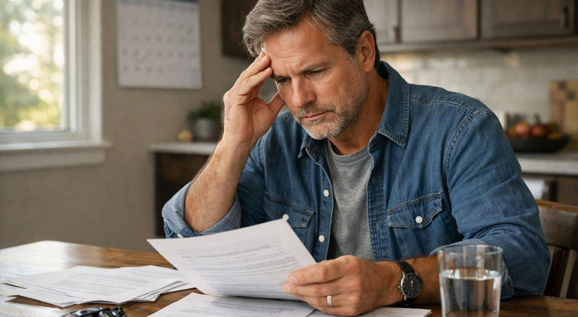 A middle-aged man sitting at a kitchen table reviewing documents with a concerned expression, with car keys and papers on the table.