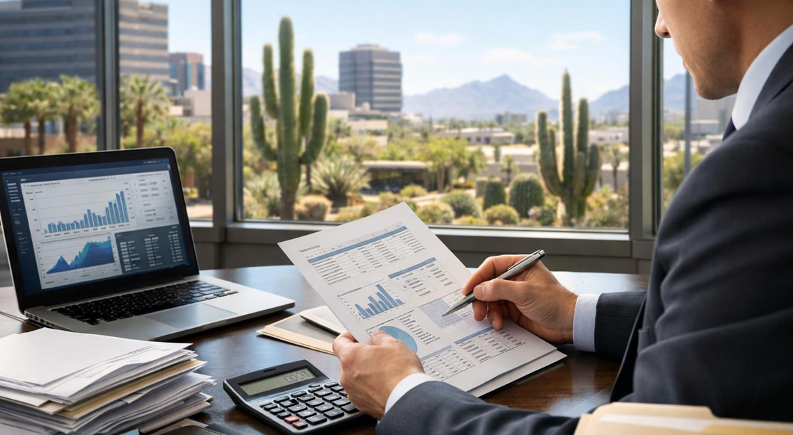 A businessperson reviewing financial documents and a laptop in a modern office with a view of an Arizona cityscape and desert plants outside.