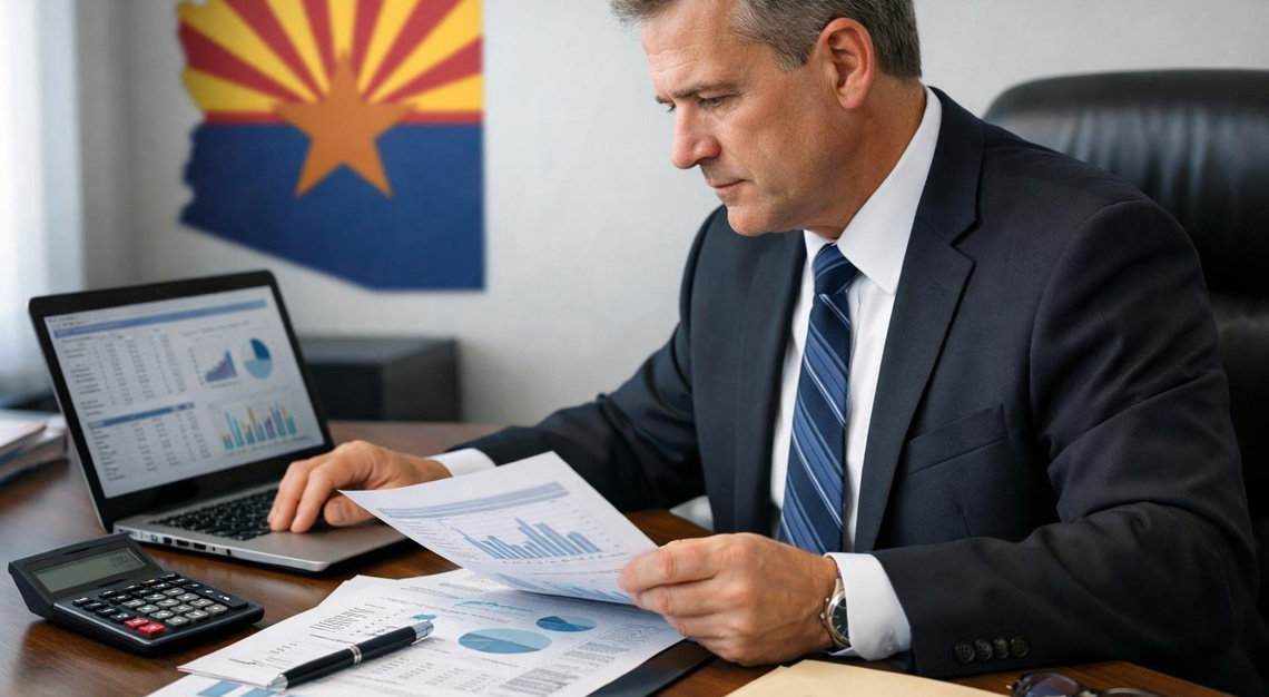 A business professional reviewing financial documents at a desk with a laptop and calculator, with an Arizona state flag visible in the background.