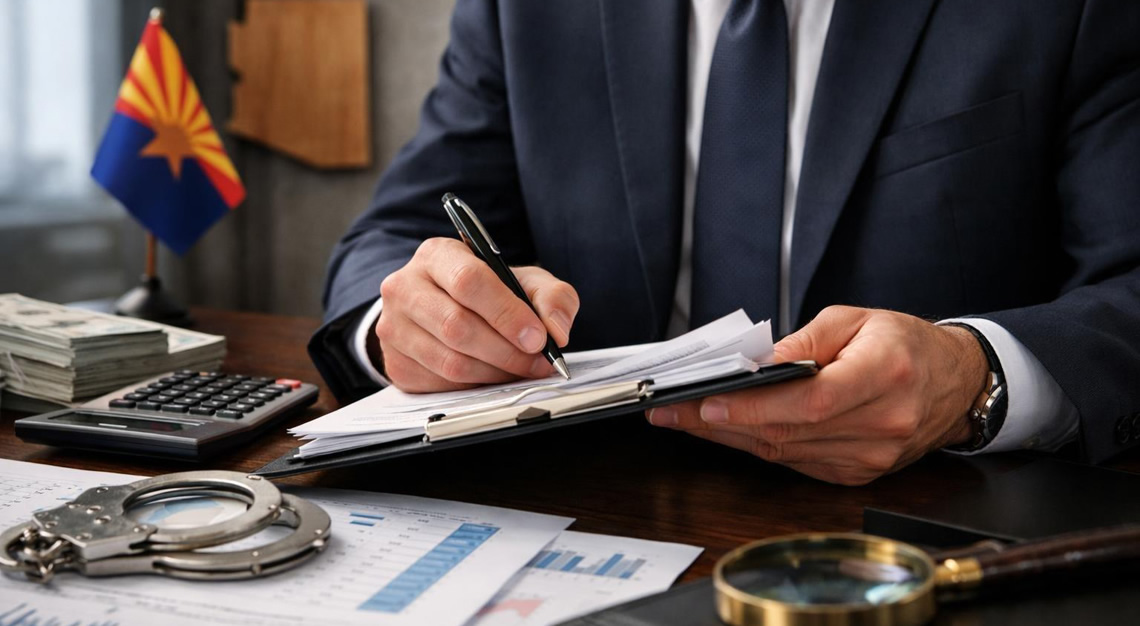 A person in formal clothing reviewing financial documents at a desk with an Arizona state flag in the background.