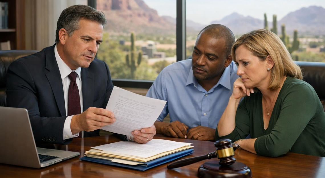 A lawyer discussing legal documents with a client in an office overlooking a city with desert landscape.