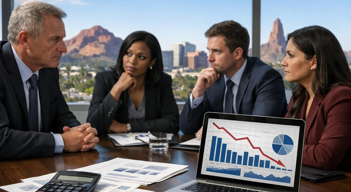 Business professionals in an office discussing financial documents with a cityscape visible through a window in the background.