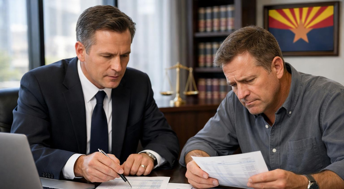 A lawyer and client discussing financial documents in a modern law office with bookshelves and an Arizona state flag in the background.