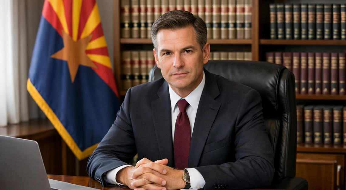 A prosecutor working at a desk with legal documents and a laptop in a courtroom office, with an Arizona state flag and law books in the background.