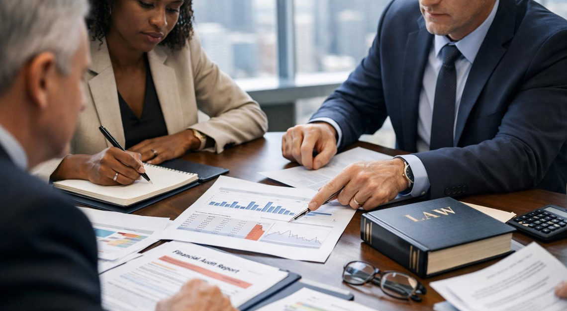 A group of professionals in a modern office reviewing financial documents and discussing a report around a conference table.