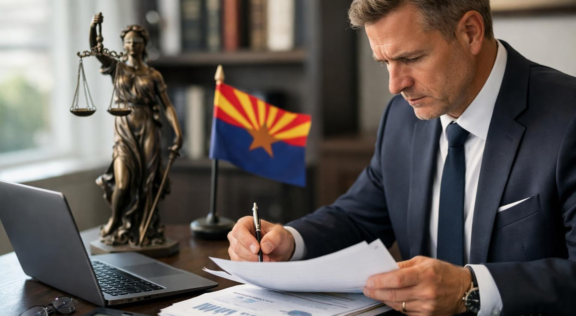 A lawyer in an office reviewing financial documents with a scale of justice and an Arizona state flag in the background.
