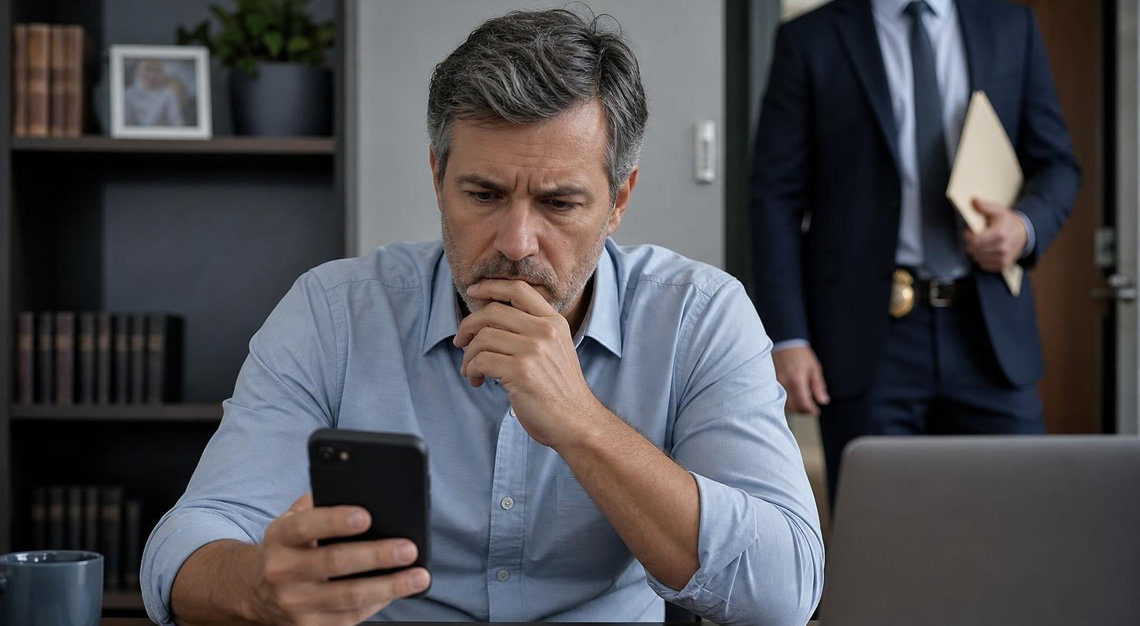 A man sitting at a desk looking at his smartphone while a federal agent stands nearby in an office.