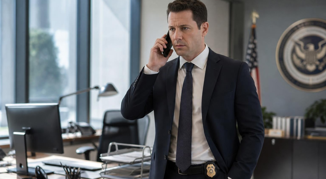 A federal agent in a suit making a phone call in a modern office setting.