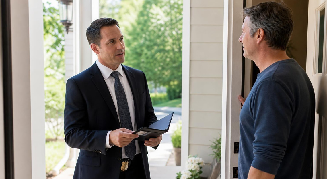A federal agent in a suit calmly speaking with a civilian at the front door of a suburban home during daylight.