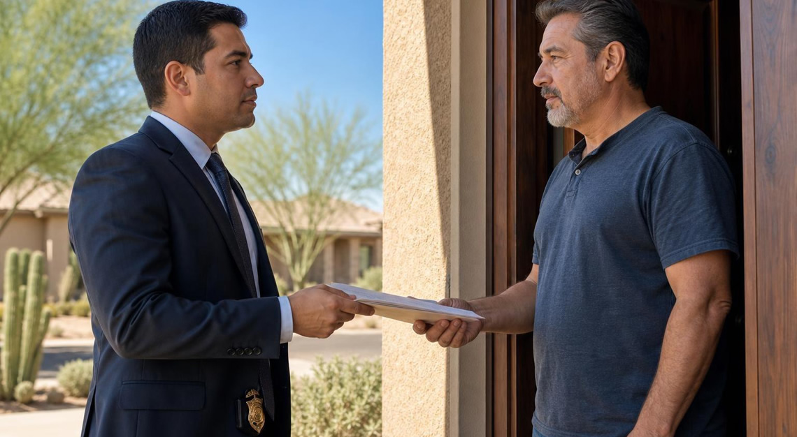 A federal agent handing official documents to an Arizona resident at the front door of a house in a suburban neighborhood.