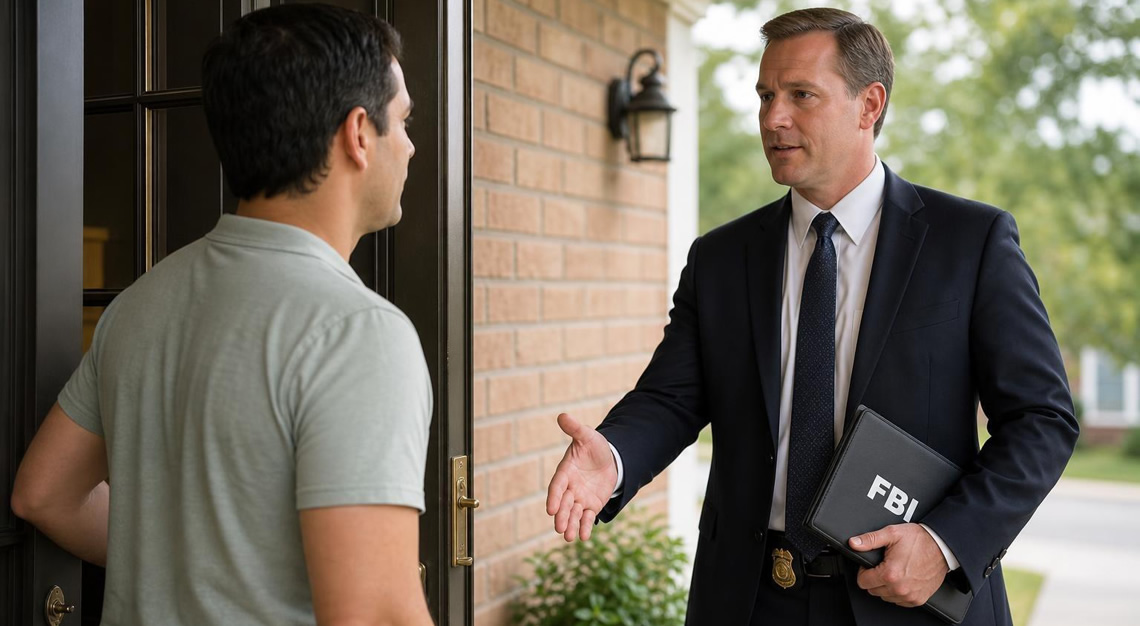 A federal agent in a suit respectfully greeting a civilian at a home doorstep during daylight.