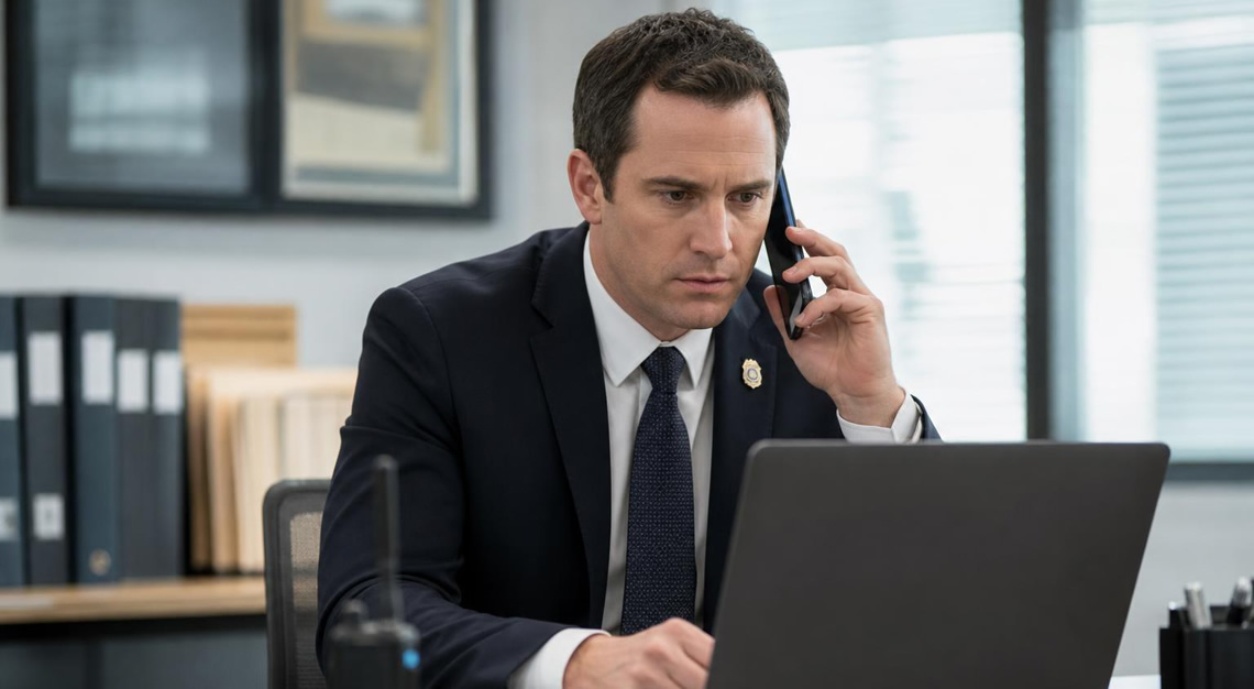 A federal agent in a suit making a phone call at a modern office desk with communication devices.
