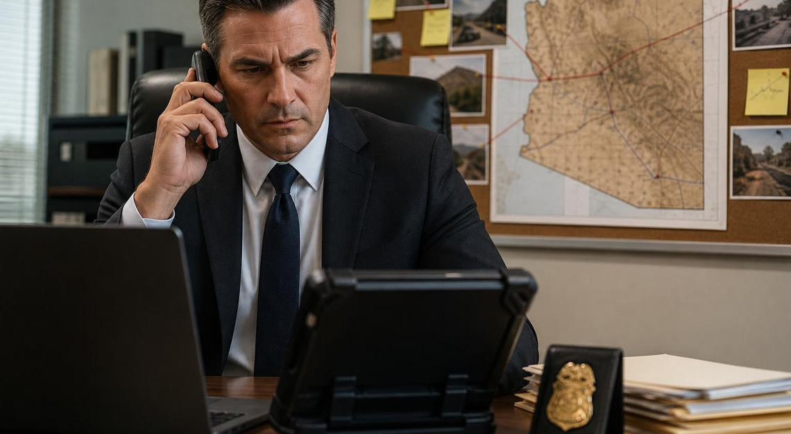A federal agent in an office using a secure phone with a map of Arizona in the background.