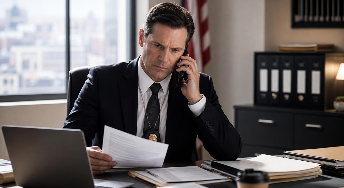 A federal agent in a suit making a phone call at a desk in a government office.