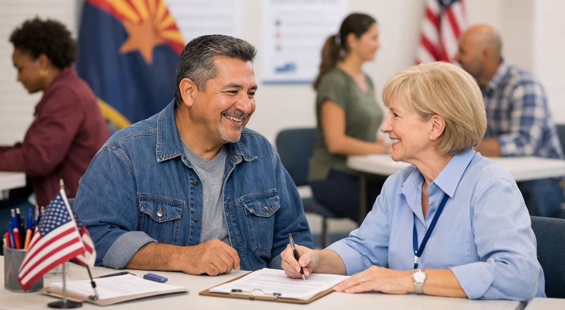 People registering to vote at a polling station in Arizona with an election official assisting a man.