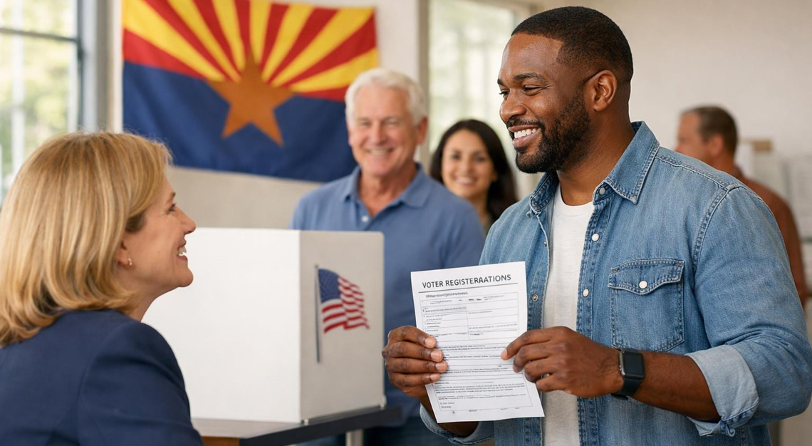 A diverse group of adults at a polling station in Arizona, with a man holding a voter registration form talking to an election official.