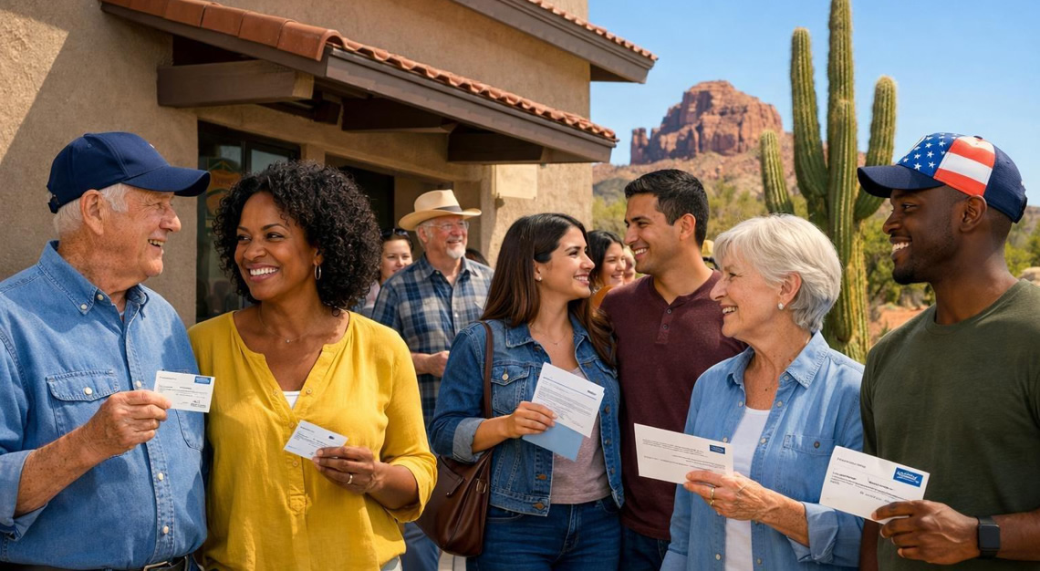 A diverse group of people outside a polling station in Arizona on a sunny day, preparing to vote.