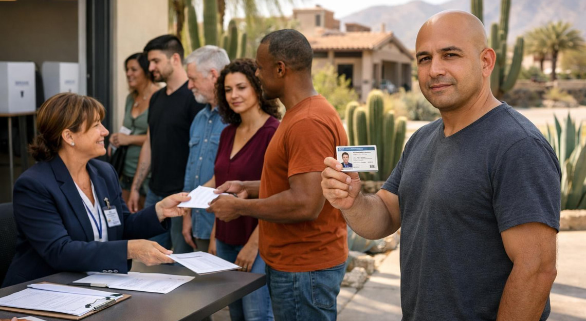 A diverse group of adults standing outside a polling station in Arizona, with one person holding an ID and another receiving a ballot from an election official.