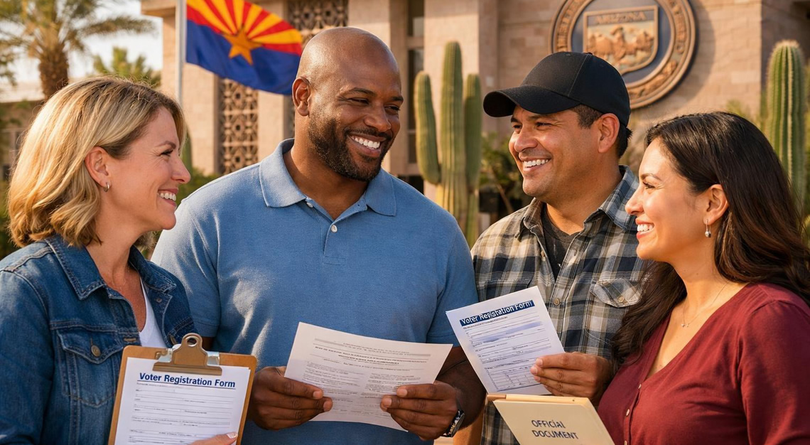 A diverse group of adults standing outside a government building in Arizona, holding documents and talking, symbolizing restoring voting rights.