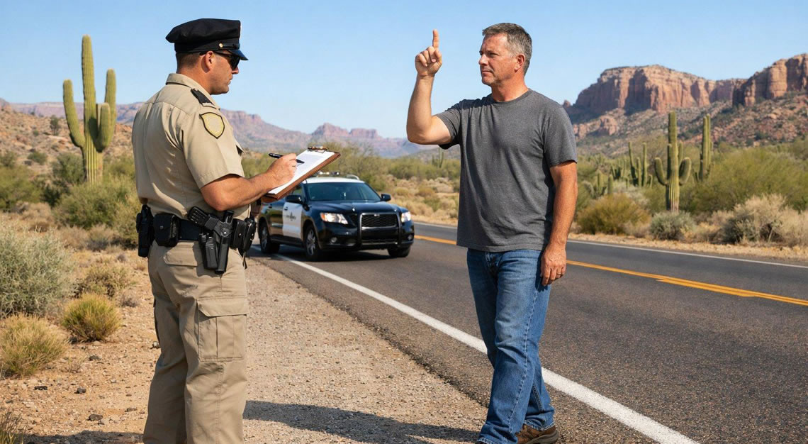 A police officer administering a field sobriety test to a man on the side of a desert highway in Arizona.
