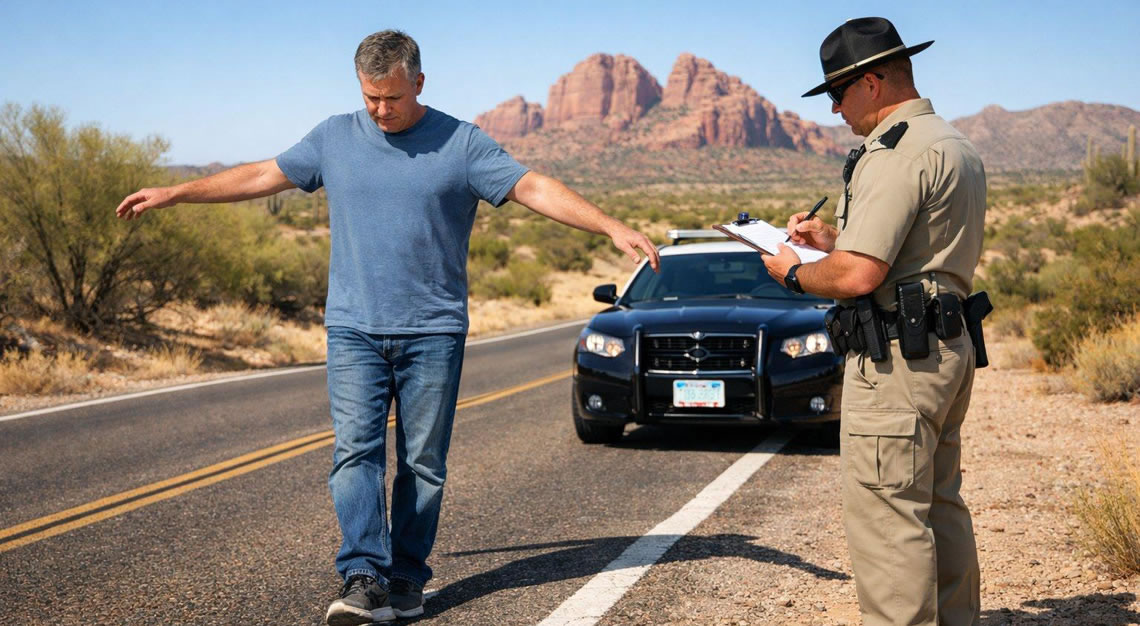 A police officer observing a driver performing a walk-and-turn field sobriety test on a desert road in Arizona.