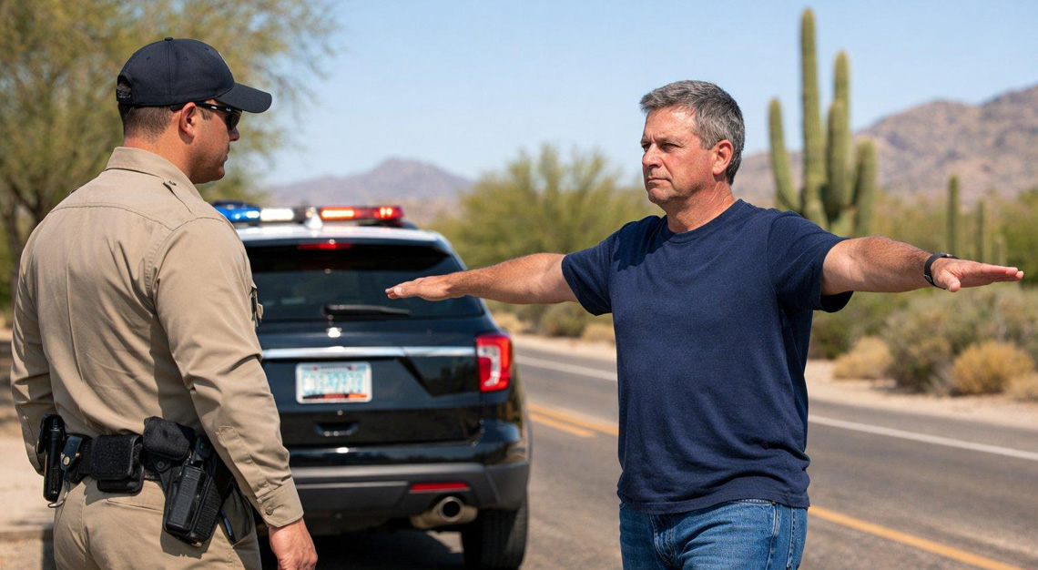 A police officer administering a field sobriety test to a driver on a quiet street with desert plants in the background.