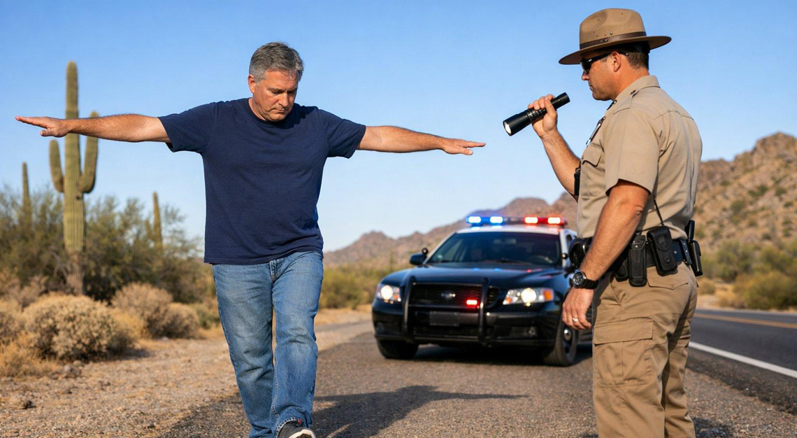 A police officer administering a field sobriety test to a man on a desert highway in Arizona during the day.