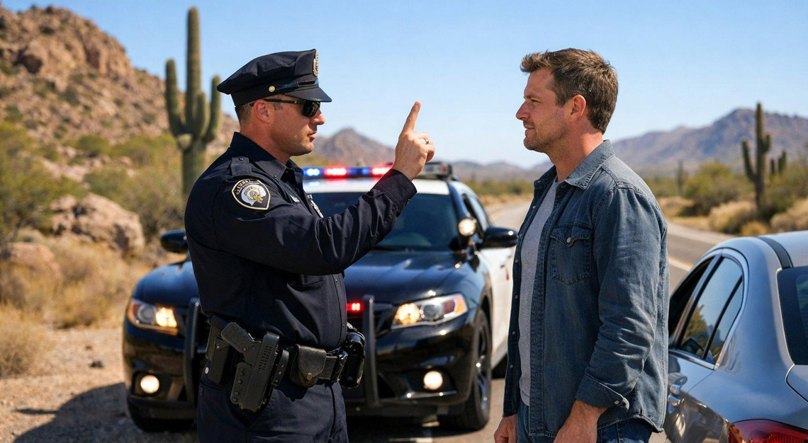 A police officer talks to a driver standing beside a police car on a sunny desert highway in Arizona.