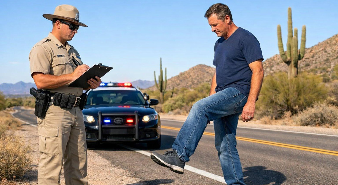 A police officer administering a field sobriety test to a driver on the side of a road with desert landscape in the background.