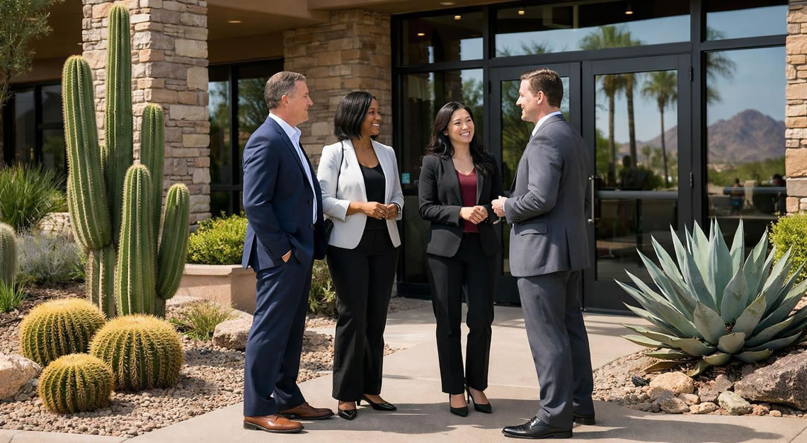People in business attire standing outside a modern Arizona storefront with desert landscaping.