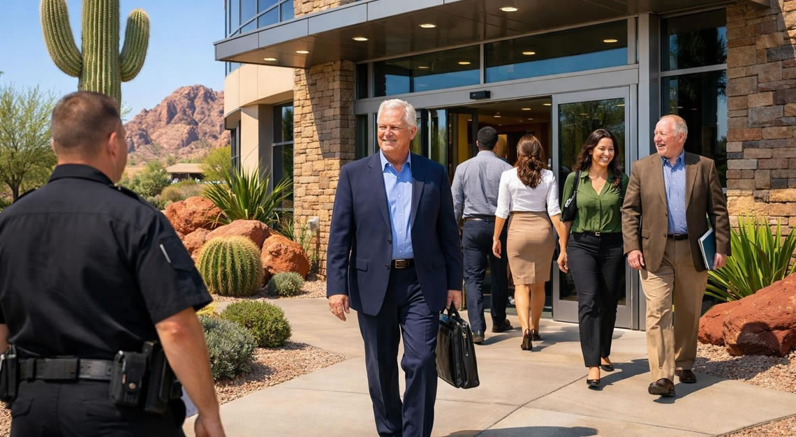 Exterior view of a modern Arizona business with people entering and desert landscaping in the background.