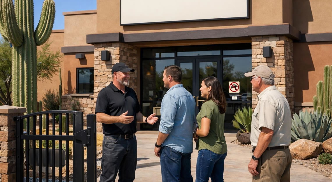 People talking outside an Arizona business with desert landscaping and a private property fence under clear skies.