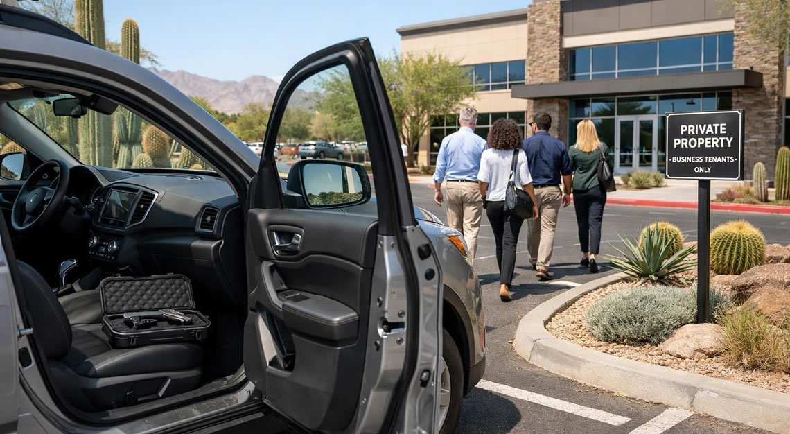 A modern business parking lot in Arizona with professionals walking toward the building and a parked SUV showing a firearm case inside.