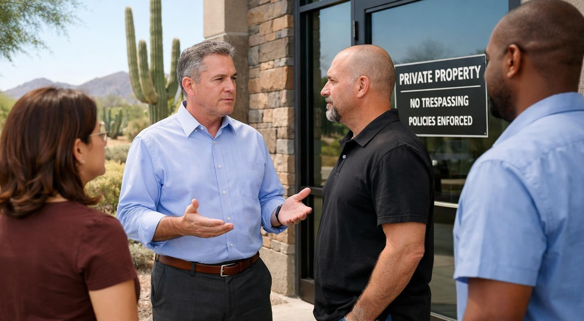 A business owner calmly talking to a customer outside a modern Arizona business with desert landscaping.