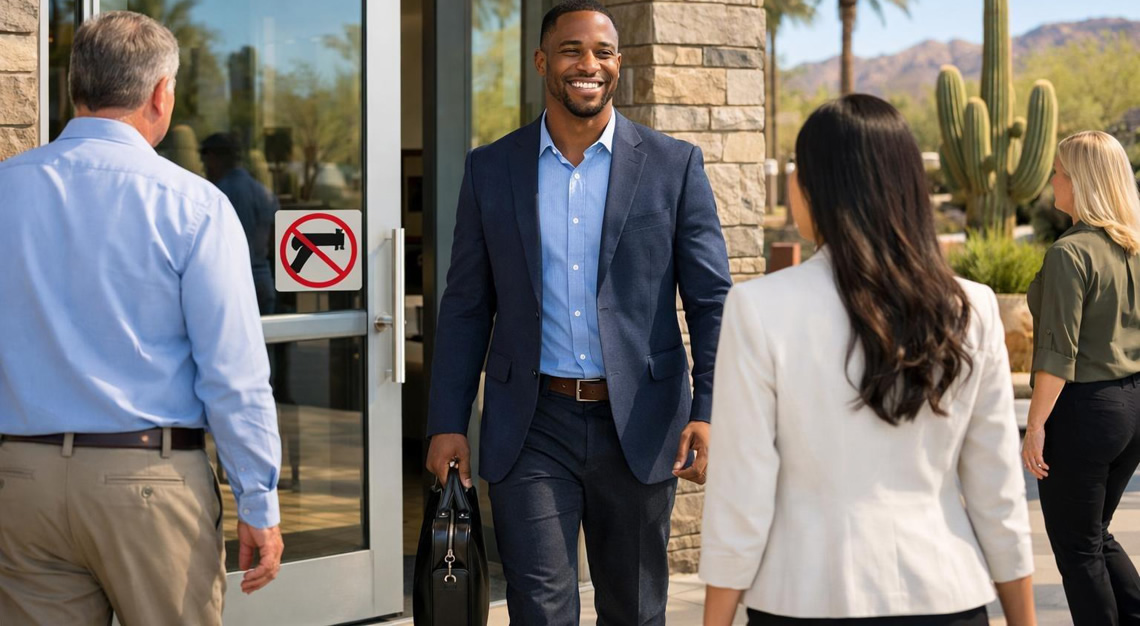 A modern business entrance in Arizona with desert plants nearby, showing a small no firearms symbol on the door, and people entering and exiting the building.