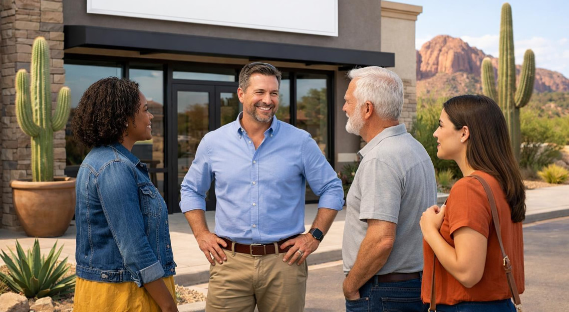 A small business storefront in Arizona with a business owner and customers talking outside, surrounded by desert plants and red rock formations.