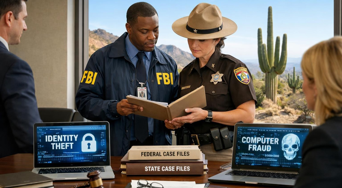 Two law enforcement officers discussing computer fraud cases in an office with laptops and legal documents, with the Arizona desert visible through a window.